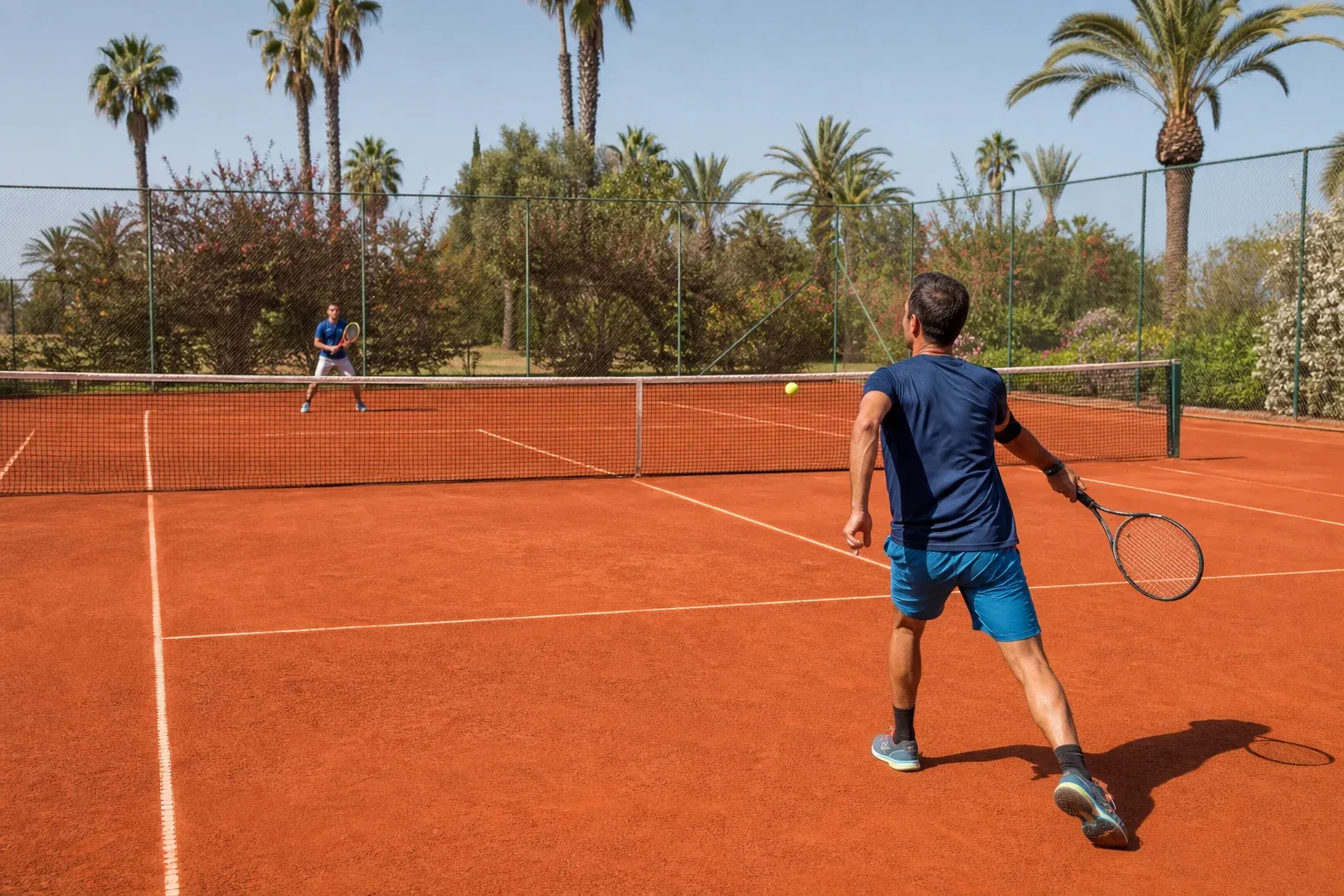 Noleggio campi da tennis ad Agadir: due adulti giocano liberamente su un campo in terra rossa circondato da palme