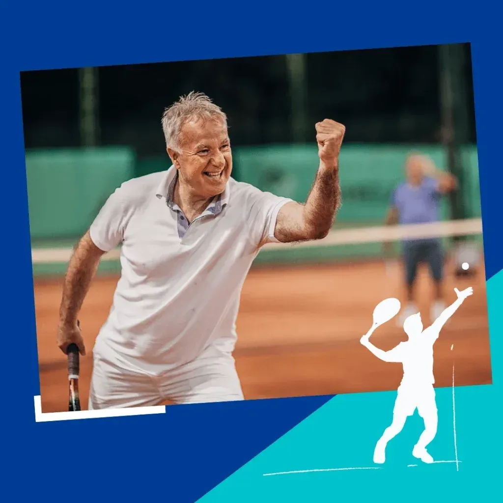 Tennis holiday: a player celebrating a point, fist clenched, on a clay court