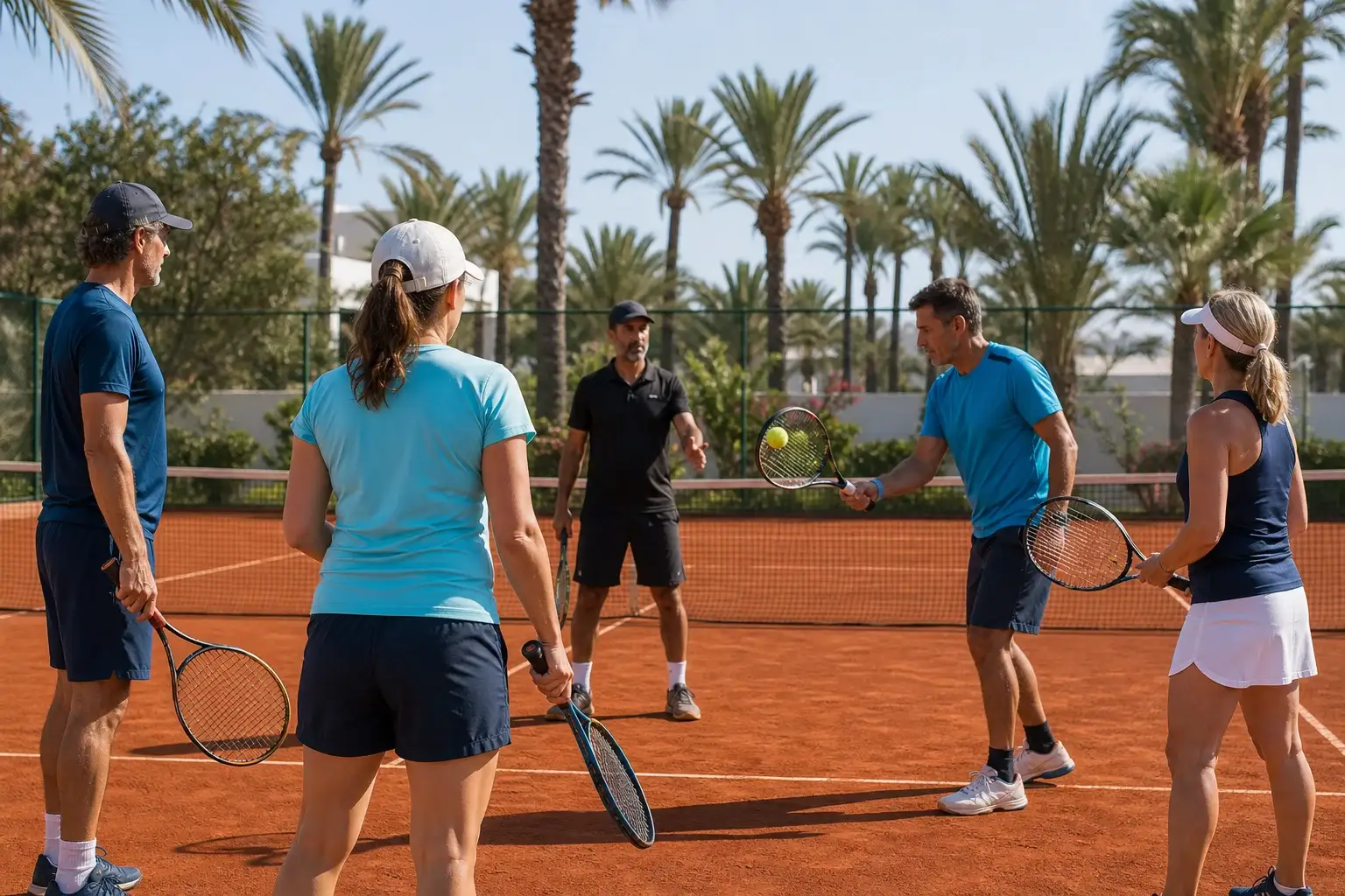Tenniscamp für Erwachsene in Agadir: Eine Gruppe Erwachsener nimmt an einer betreuten Übung auf Sand teil