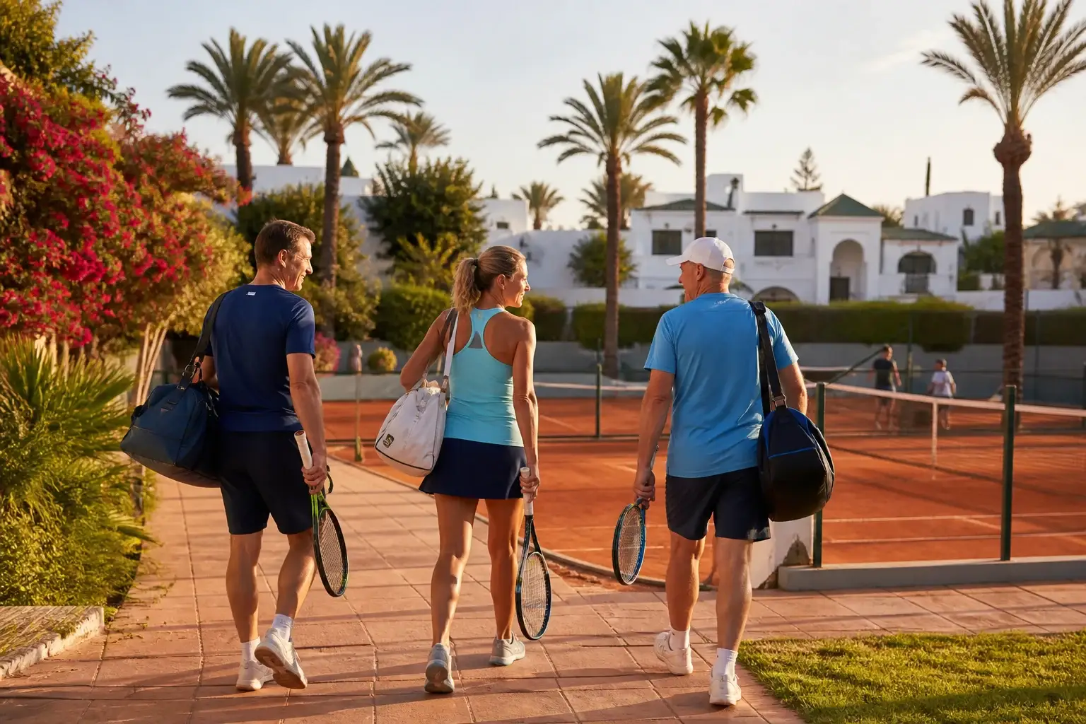 Tennisurlaub in Agadir: Drei Erwachsene kommen mit Schlägern und Reisetaschen im Club an
